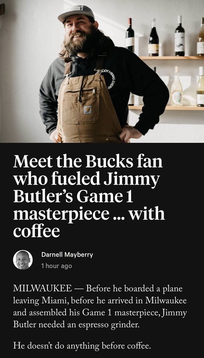 eric_nehm's tweet photo. At @TheAthletic: Meet Ryan Hoban, the Bucks fan, who fueled Jimmy Butler’s Game 1 masterpiece with coffee
https://t.co/QcBFKZ5e96 https://t.co/o1yZb5GZQn