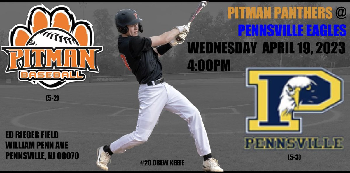 The Panthers travel to Pennsville to take on the Eagles in a Classic Division Matchup! 4PM Tee Time! @PHSBaseballNow @PitmanAthletics @pitmanschools #PitmanPantherPride #ClockIn