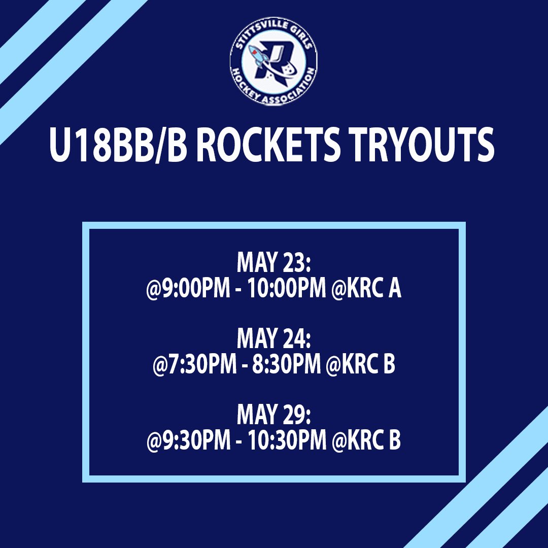 SGHARockets's tweet photo. Tryouts for players born between 2012 and 2006 will begin in May. All players must participate in a minimum of two of the three sessions in their division to be considered for a competitive team.
Please resister for tryouts here:
https://t.co/VpGR2U0mB2 https://t.co/imZxG5x10u