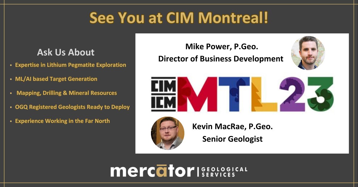 Mercator is excited to be attend the #CIMTL2023 from April 30-May 3. Connect with our staff (inc. <a href="/mikeyp22/">Michael Power</a>) on our #lithium &amp; other #criticalminerals capabilities &amp; how they can streamline your QC exploration &amp; mining projects this year. #mineralexporation #mining #mercatorgeo