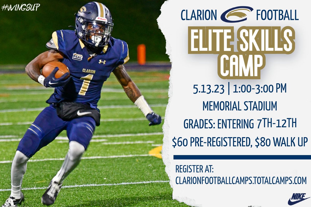 ClarionFootball's tweet image. Come camp with the Golden Eagles!

3 opportunities to work on your craft and show us what you got! 

Register Here: clarionfootballcamps.totalcamps.com/shop/EVENT

#WingsUp 🦅