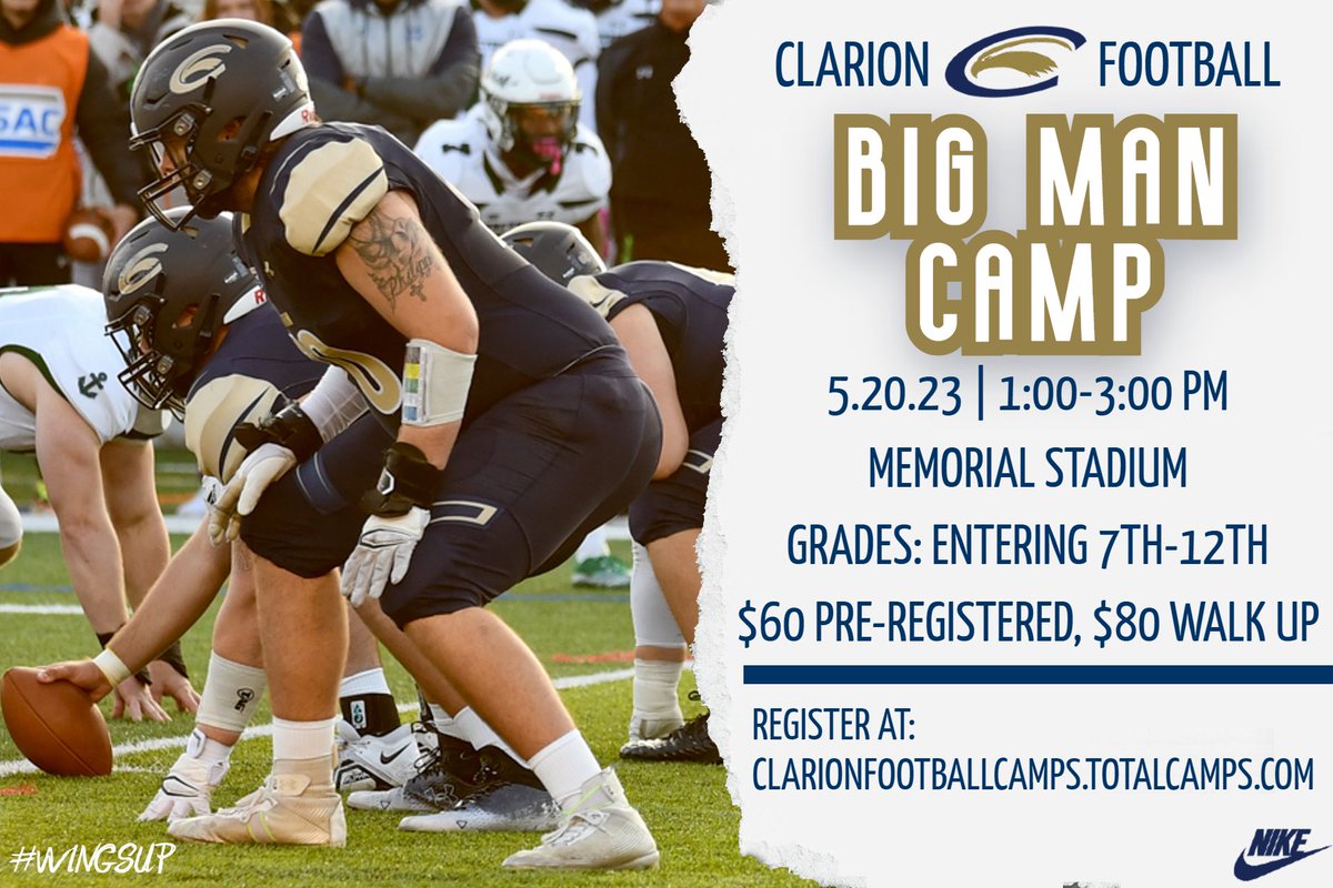 ClarionFootball's tweet image. Come camp with the Golden Eagles!

3 opportunities to work on your craft and show us what you got! 

Register Here: clarionfootballcamps.totalcamps.com/shop/EVENT

#WingsUp 🦅