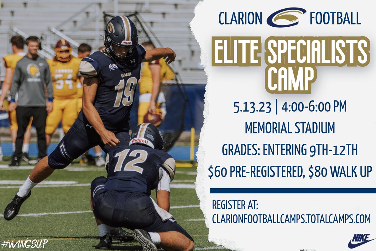 ClarionFootball's tweet image. Come camp with the Golden Eagles!

3 opportunities to work on your craft and show us what you got! 

Register Here: clarionfootballcamps.totalcamps.com/shop/EVENT

#WingsUp 🦅