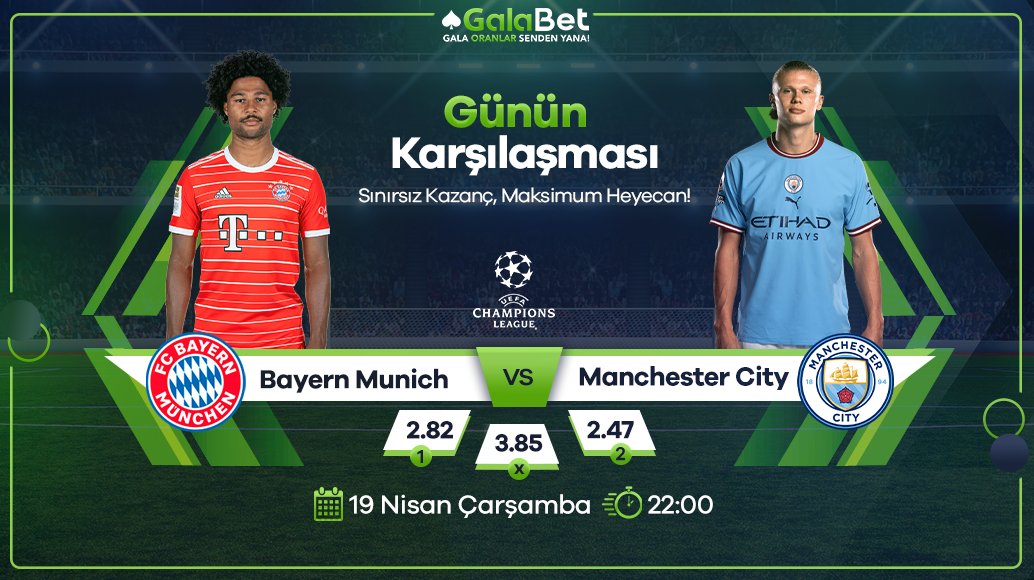 🇪🇺 Şampiyonlar Ligi

Bayern Munich vs Manchester City
 ⏰ Bugün, 22:00

 ✨ %30 Spor Yatırım Bonusu avantajıyla bu heyecana ortak olmak için hemen tıklayın: galalink.io/sosyal 

♠️ Gala, Oranlar Senden Yana!