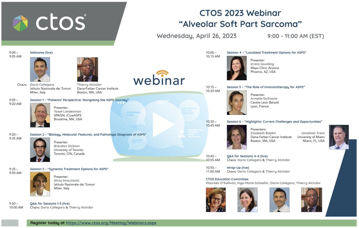 Join me & chairs @DCalleMD & @Thalcin for an exciting @ctosociety webinar on #ASPS #sarcoma with insightful presentations by @SilviaStacchia K. Goulding, E. Baldini @histiocytosisX A. Dufresne, Y. Landesman @sarcomapatients -April 26 9am EST ctos.org/Meeting/CTOS20…