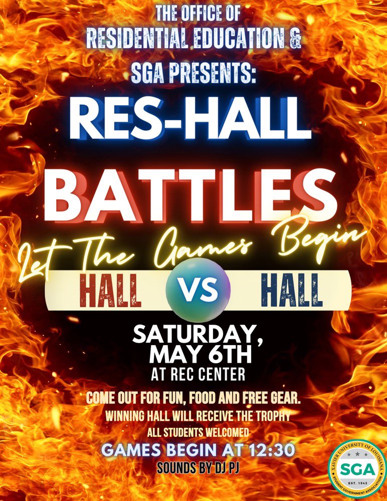 XULASGA's tweet photo. The people want to know which hall is the litest hall on campus?! Join us on May 6th to see who takes home the trophy! Let the games begin. Rep your hall in the comments!! #XULA #ForwardAdmin https://t.co/dXrVIjZI24