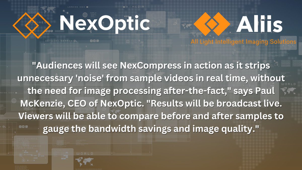 NEWS: NexOptic Announces LIVE Demonstration of #NexCompress™ #AI Video Compression

For further details and to be notified, visit: nexoptic.com/live-event/

TSX-V: $NXO | OTCQB: $NXOPF

nexoptic.com/news/live-demo…