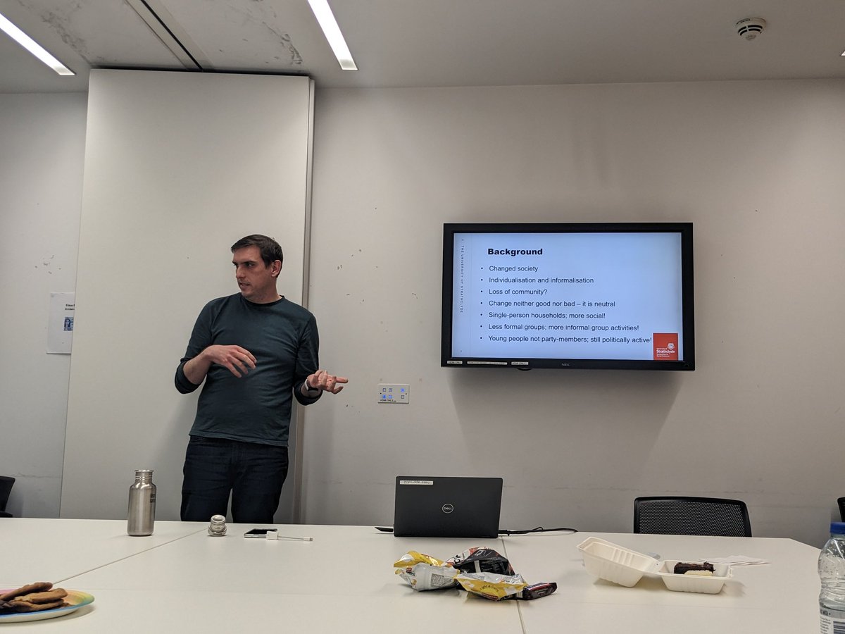 eclairenash's tweet photo. Thoroughly enjoyed @davidbomark presentation on the relationship between associational life (AL) and volunteering. David's mixed method approach offers valuable insight into the differing factors which impact on volunteering & AL #citizenshipandcommunities #swsp @HaSSGradSchool https://t.co/hpzEUHBOjJ