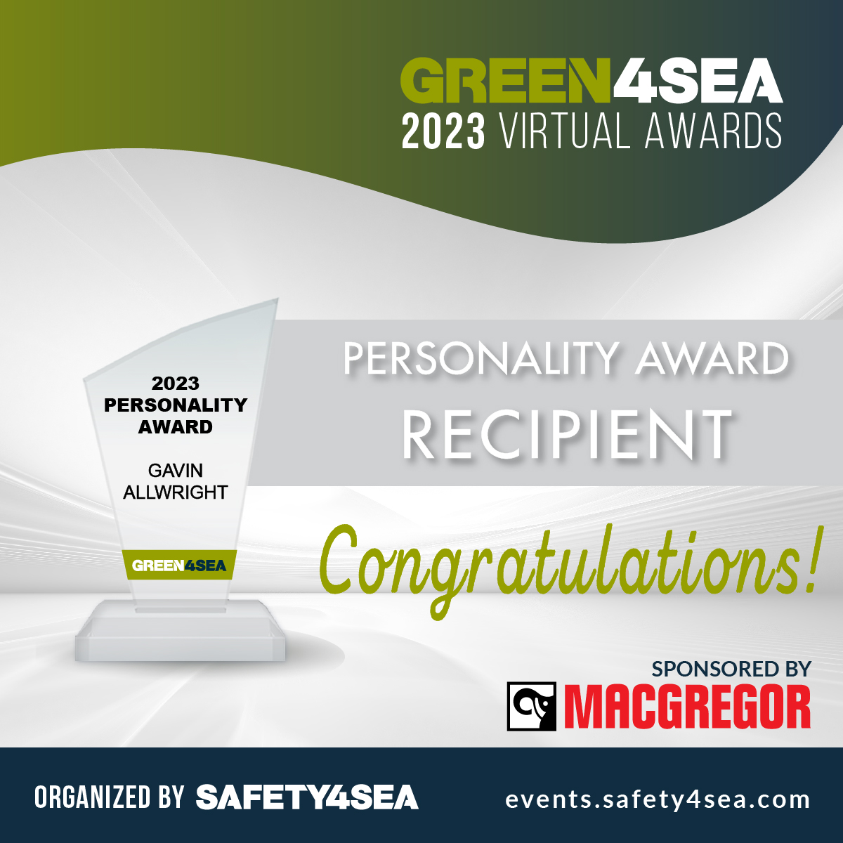 safety4sea's tweet image. Gavin Allwright, @iwsa_secretary, received the 2023 #GREEN4SEA Personality Award, sponsored by MacGregor, for creating momentum in promoting wind propulsion in commercial #shipping and taking action to include this source of power in #decarbonisation.

🎉👏 Congratulations 🎉👏