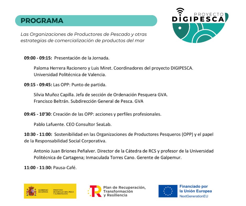 digipesca's tweet image. Os invitamos a la jornada ‘Las Organizaciones de Productores de Pescado y otras estrategias de comercialización de productos del mar’

📅 5  de  mayo
⏰ 9-17:00 h
📍 Escuela Politécnica Superior de Gandia

Inscripción  previa:  docs.google.com/forms/d/e/1FAI…