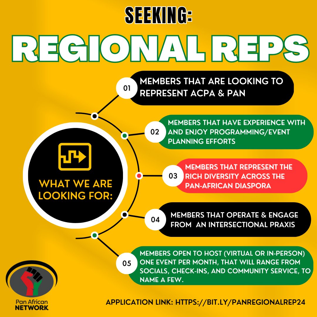 Seeking Regional Reps!

Applications will be accepted on an ongoing basis, however, there is a priority deadline of Wednesday, May 3, 2023 at 11:59 pm CDT. 

Click the link in the bio or go to: bit.ly/panregionalrep… 
#ACPA #PAN #BlackIsKing #ACPA24 #HigherEd