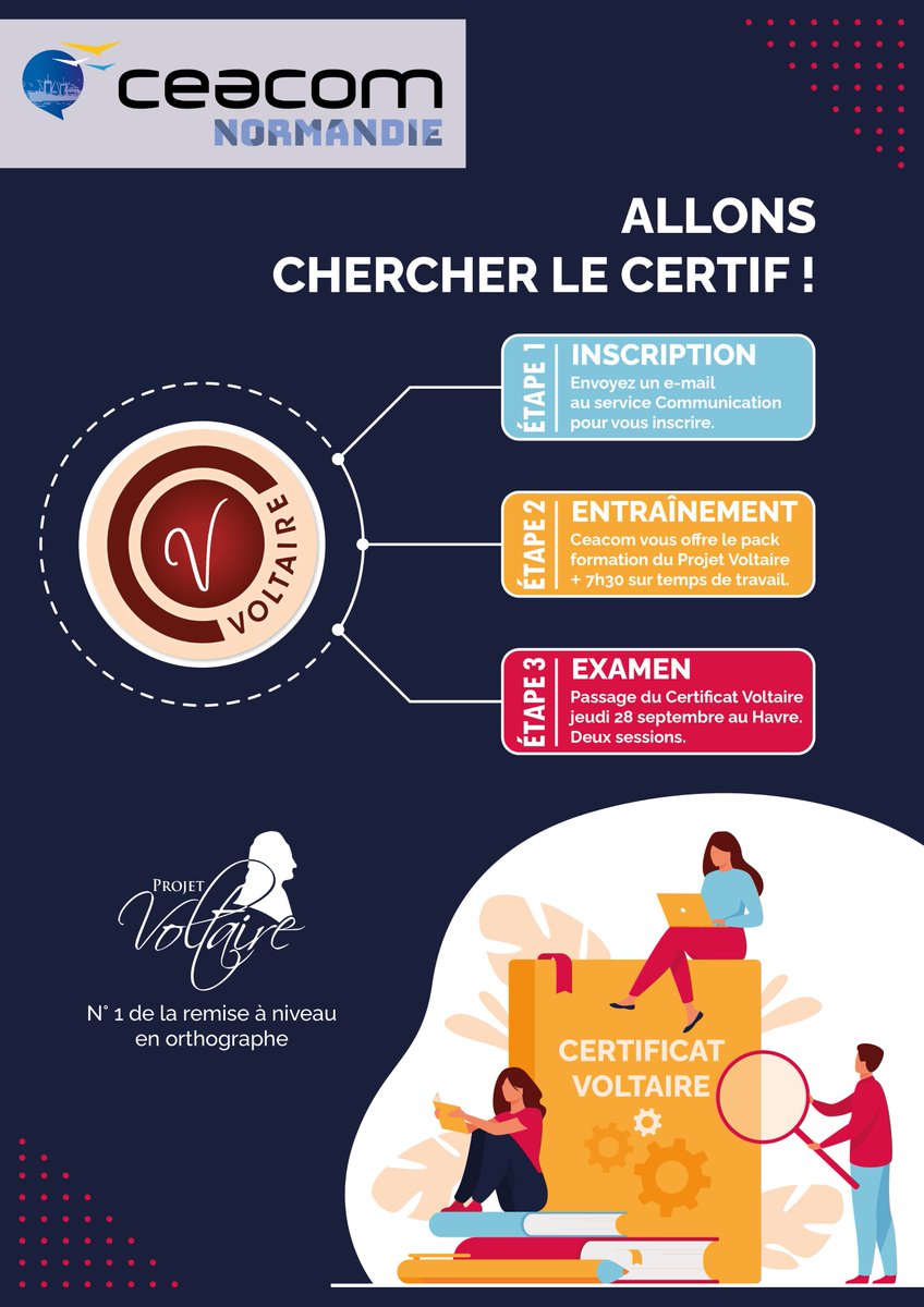CeacomLeHavre's tweet photo. 📍 ALLONS CHERCHER LE CERTIF ! 💪

Ceacom offre à ses salariés le pack formation du @Projet_Voltaire + 7h30 sur temps de travail pour s'entraîner + le passage du #CertificatVoltaire jeudi 28 septembre. 🤩

Inscrivez-vous auprès du service Communication.

#CeacomVoltaire https://t.co/pMrzsijzCl