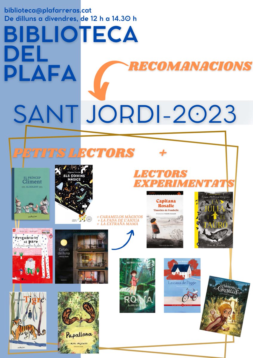 plafarreras's tweet photo. Per Sant Jordi, la Biblioteca del Plafa ens recomana llibres per a totes les edats 📚🌹
#SantJordi2023
#PlaFa2023 
#SomelPlafa https://t.co/XewrvDV5FB