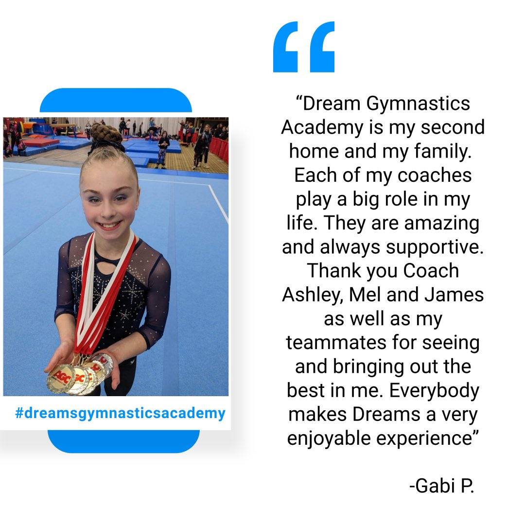 Dreams is so proud of the positive impact our programs have in gymnastics and in life! We are honoured to be a part of your journey! #dreamsgymnasticsacademy #edmontongymnastics #yeggymnastics #testimonial #dreamteam #positivecoaching #positivesportexperiences #family