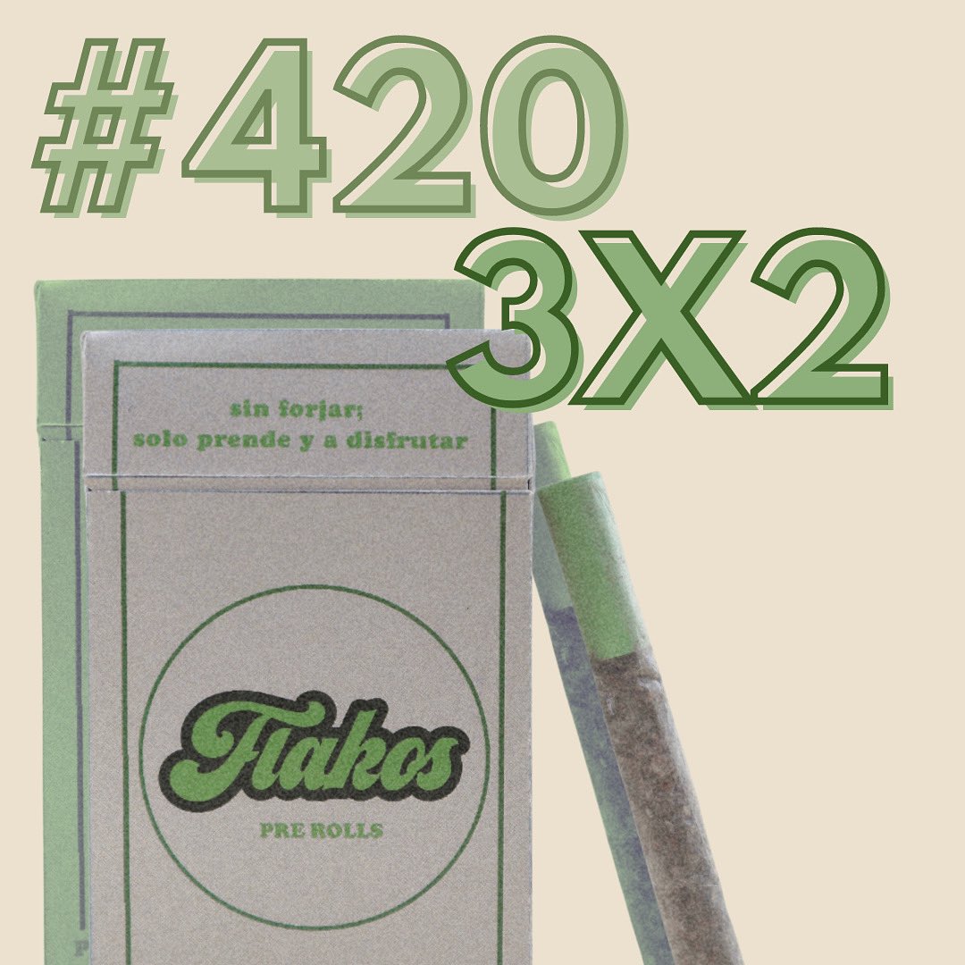 byflakos's tweet photo. promo 420! 🍃
haz parte de tu 420 a los flakos con un 3x2 en todas las cajetillas por el resto del mes de abril 
#flakos #prerolls #420content https://t.co/RU6SdnBCAX