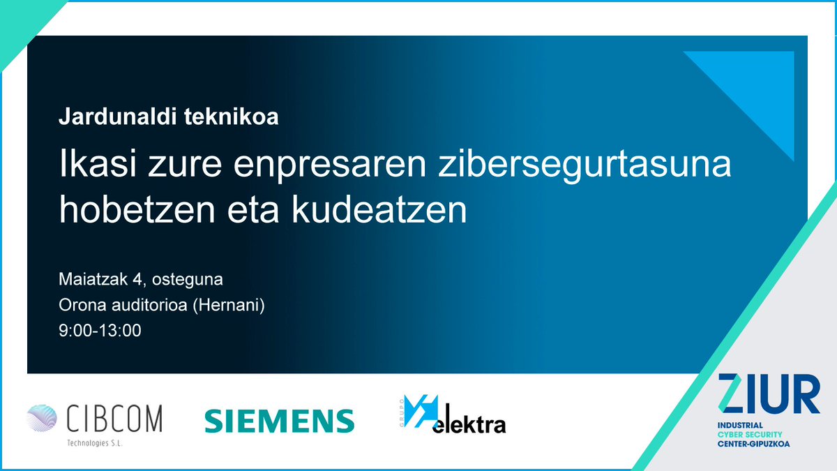🗣"Ikasi zure enpresaren #zibersegurtasuna hobetzen eta kudeatzen"

💻#cibcomtech, <a href="/Siemens/">Siemens</a> ta <a href="/elektragroup/">Grupo Elektra</a> enpresek antolatutako jardunaldian, industriako estandar ta araudi berriei buruz hitz egingo dugu

🗓2023/5/4
📍Hernani
ℹ️labur.eus/VXEEx
✍🏻labur.eus/JTRUX