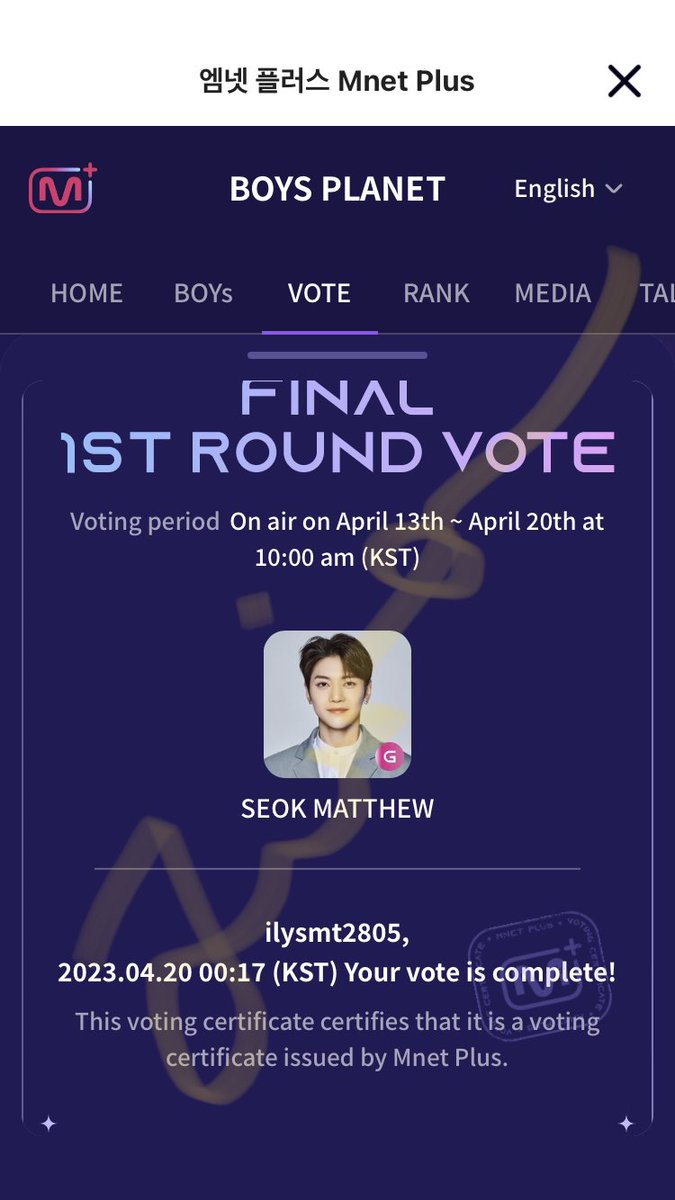 thedayimattchu's tweet photo. 🗳 20/04/23 for #SEOKMATTHEW #Matthew1Pick #OnlyForMATTHEW https://t.co/O4u799hOLw