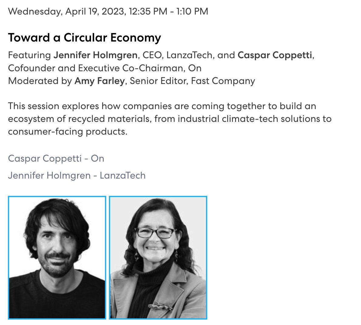 LanzaTech's tweet photo. Tune in today at 12:35pm ET. Free to join! https://t.co/YPyCtIQ0d7

LanzaTech CEO @TodaDogs will speak with @on_running's Caspar Coppetti and @FastCompany's @afarles about our #CarbonSmart partnership — turning carbon emissions into running shoes. 

#MICSummit #ClimateTech https://t.co/lxar5IGog9