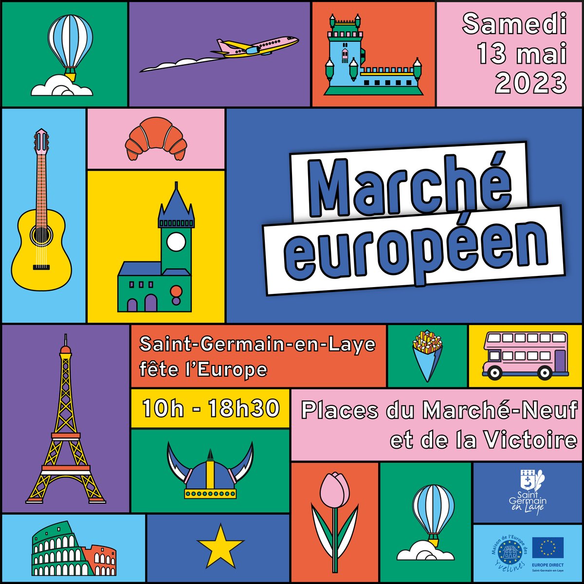 Cette année des nouveautés vous attendent sur le marché européen de #SaintGermainEnLaye. 🇪🇺
👉 Une belle occasion de voyager le temps d’une journée !
📅 Samedi 13 mai de 10h à 18h30.
📍 Places du Marché-Neuf et de la Victoire.