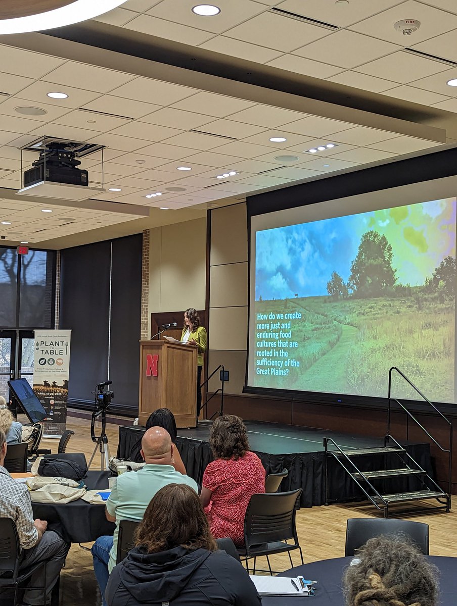 Aubrey Streit Krug of The Land Institute giving the first keynote of the day for our Plant to Table conference #GreatPlains2023