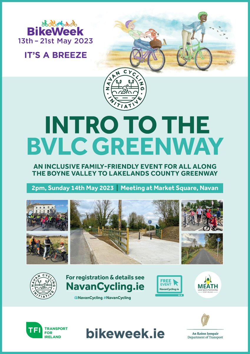 🆕 #BikeWeek2023 🥳🚵🌞

As part of Bike Week, we are holding an 'Intro to the #BVLCGreenway' cycle, an inclusive family-friendly event for all, taking place on Sun 14 May, along the excellent new greenway in Navan! #NavanCycling

For more info see here: navancycling.ie/bike-week-2023/