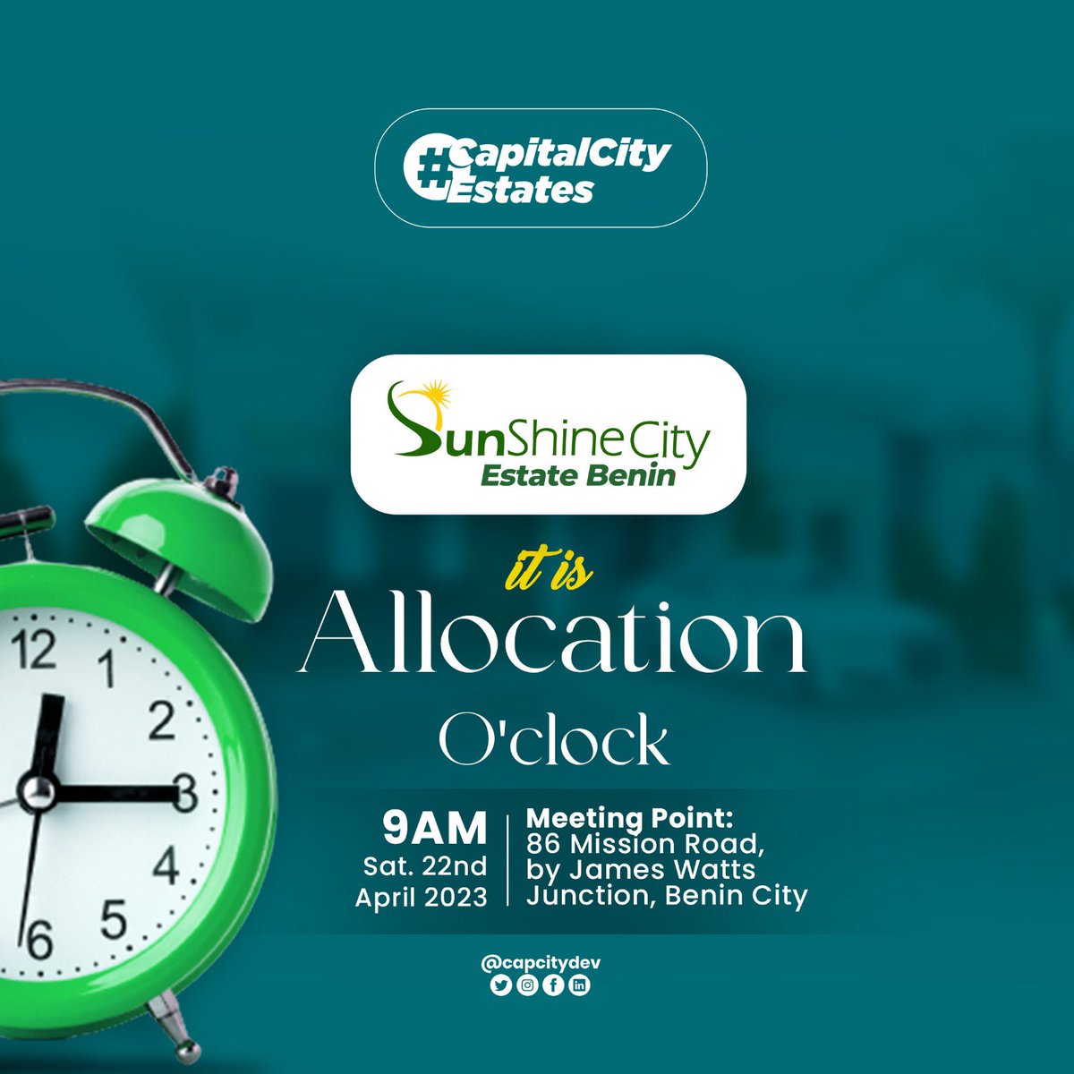 capcitydev's tweet photo. GENERAL ALLOCATION NOTICE !!!!!!

There will be General Allocation Ceremony at our Sunshine City Estate Benin And our Rose Garden Estate Port Harcourt this Saturday 22nd of April.

Time: 10am Prompt

#CapitalCityEstates
#allocationceremony
#portharcourt
#benin https://t.co/ZSqLEjB9I3