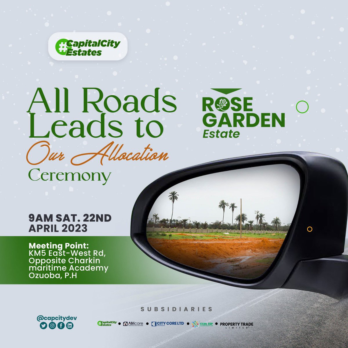 capcitydev's tweet photo. GENERAL ALLOCATION NOTICE !!!!!!

There will be General Allocation Ceremony at our Sunshine City Estate Benin And our Rose Garden Estate Port Harcourt this Saturday 22nd of April.

Time: 10am Prompt

#CapitalCityEstates
#allocationceremony
#portharcourt
#benin https://t.co/ZSqLEjB9I3
