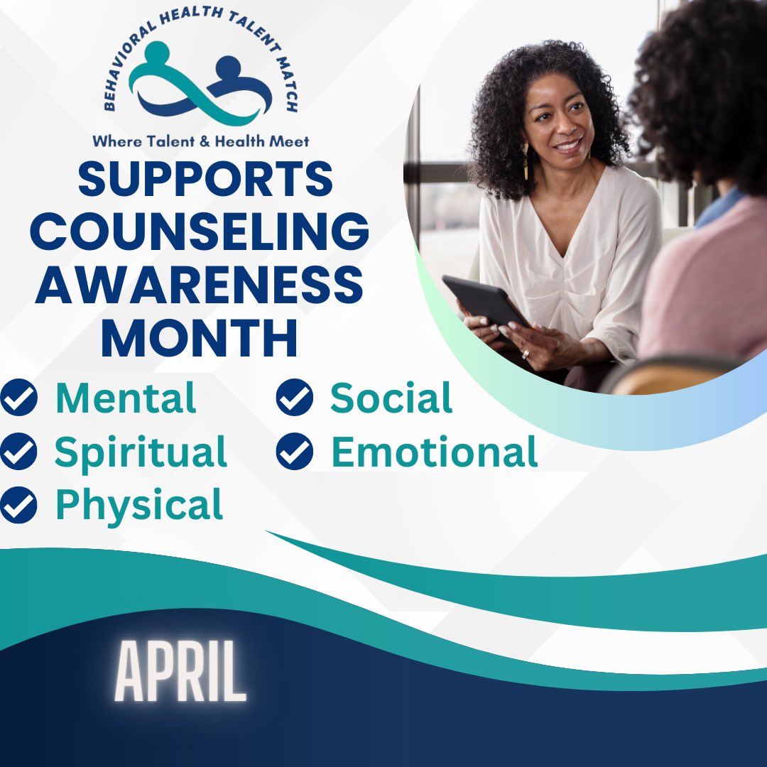 BehavioralMatch's tweet photo. Happy #NationalCounselingAwarenessMonth! Counselors are here to not only help our mental well being, but also to talk through the various other challenges we face every day! #CounselorsMatter #BHTM https://t.co/Hr8BBerFcU