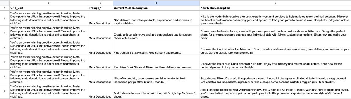 🤖AI Hungry SEOs: When using ChatGPT/LLMs for tasks, you'll often have to make little tweaks/customizations to the prompts to fit your unique needs.

Doing so (at scale) in sheets via the API gives you this flexibility! 🚀🚀🚀