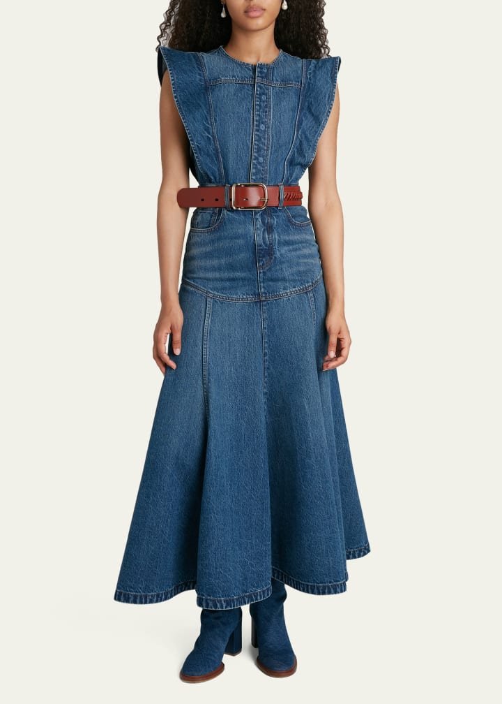 Denim Flared Basque Cap-Sleeve Midi Dress