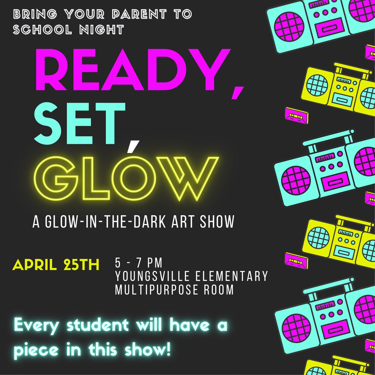 getreadytoARTY's tweet photo. Our “Glow Show” will be on April 25th during Bring Your Parent to School Night! ALL students will have a piece in this show. I hope to see you there!! 🌟🎨 https://t.co/VnjKVvd05P