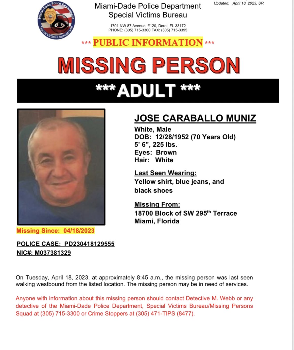 Miami-Dade Police on Twitter: "🚨 #MISSING: Jose Caraballo Muniz, 70