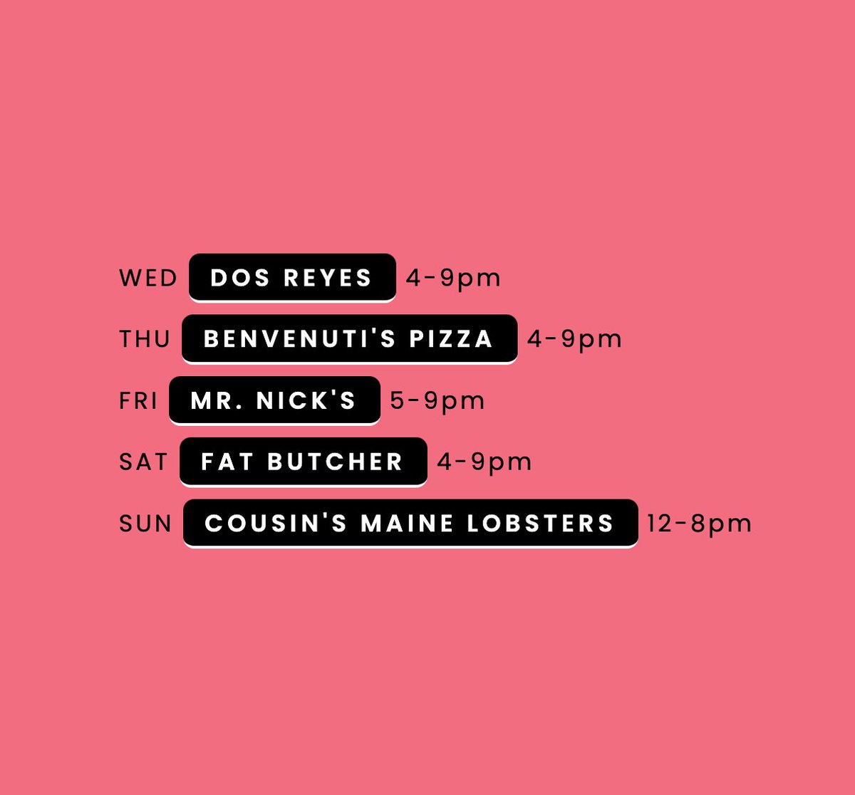 We have a great lineup for you this week, Dos Reyes and Mr. Nick's return!

DJ Deesus will be here Friday

Saturday, we will be having our first neighborhood party with Fat Butcher and DJ Dinidaddy.

If you didn't grab tickets last week, beer brats will be available al la carte.