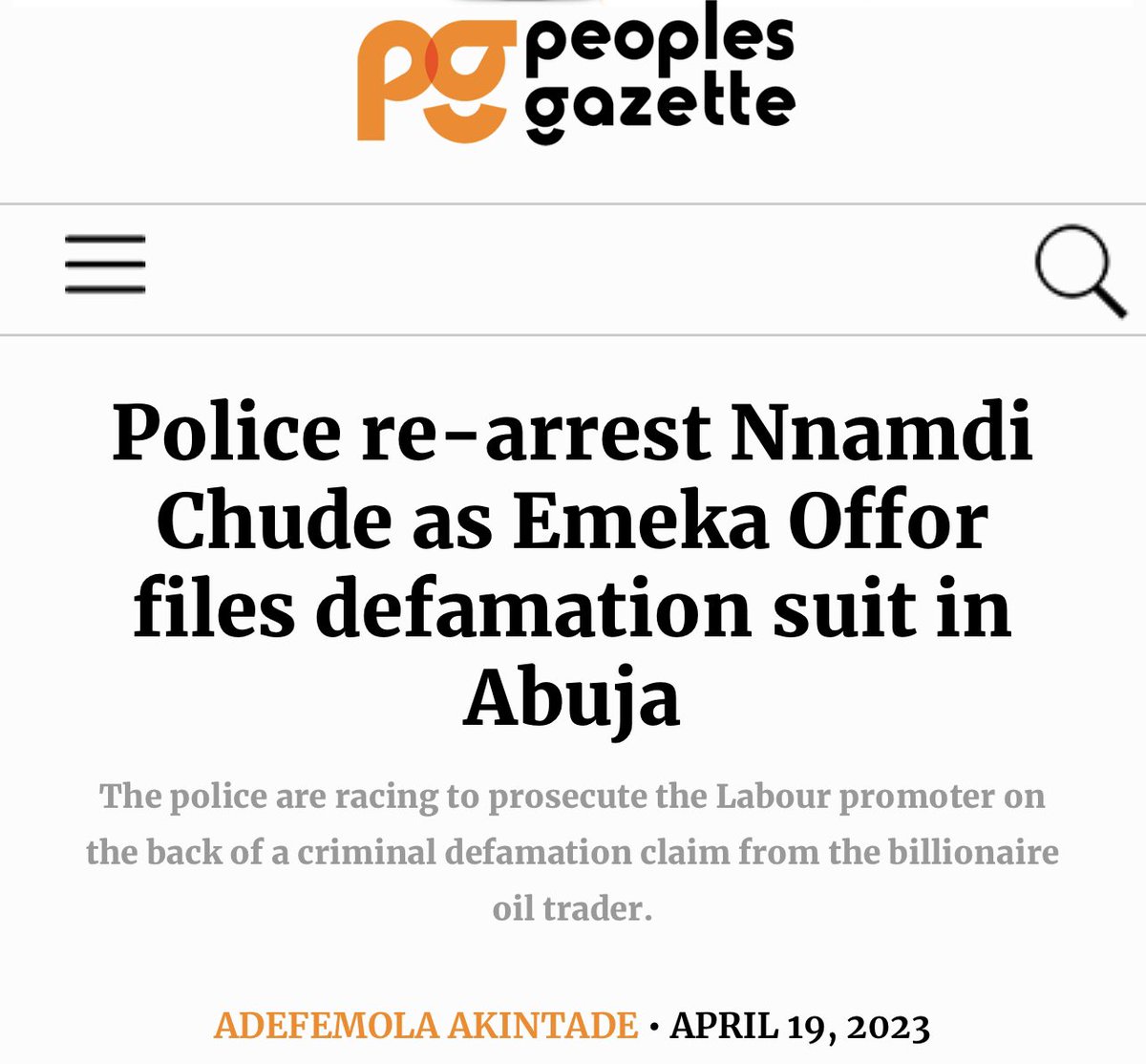 sowore's tweet photo. Nigeria police must free @chude__ as there is no criminal offence involved in the so -called “defamation” of Emeka Offor, if Offor feels he was defamed he should file a civil lawsuit. Stop using @policeng for dirty jobs. The outgoing IG must desist henceforth from criminalising freedom of speech. #Revolutionnow