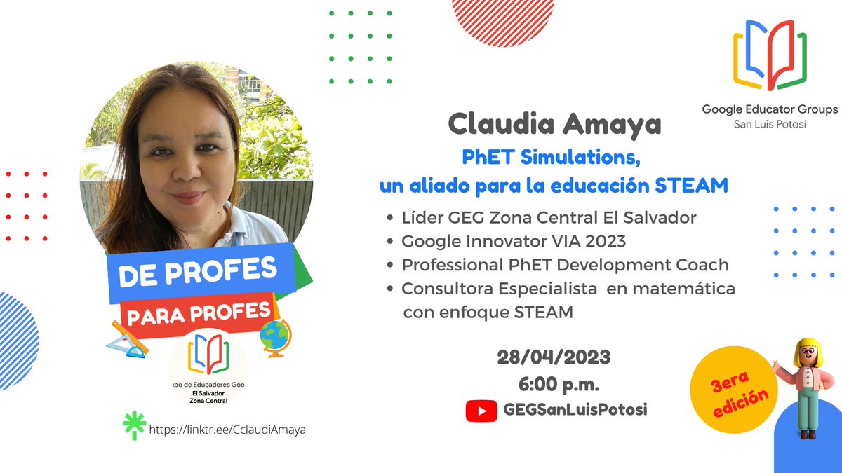 Te invitamos a descubrir todo el potencial de PhET Simulations y cómo integrarlo con STEAM! @cclavdia Claudia Amaya nos acompañará en el día 2 en #deprofesparaprofes para contarnos todo, no te lo puedes perder!➡️bit.ly/43M1hjb
<a href="/GEG_slp/">GEG San Luis Potosí</a> <a href="/gegezonacentral/">GEG El Salvador Zona Central</a> <a href="/GEGHispano/">GEG Hispanoamérica</a>