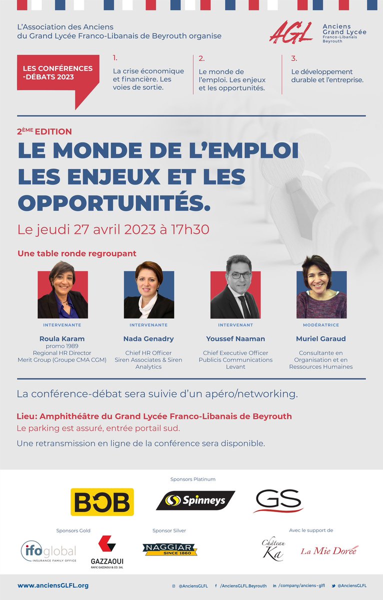 2ème édition de la Série de Conférences-Débats 2023 de l’AGL:
Le Monde De L’emploi
Les Enjeux Et Les Opportunités
Le jeudi 27 avril 2023 à 17h30
#AGLconferences2023
#roulakaram <a href="/NadaGenadry/">Nada Genadry</a> 
<a href="/YoussefNaaman/">Youssef Naaman</a> #murielgaraud <a href="/GlflBeyrouth/">GLFL Beirut</a>