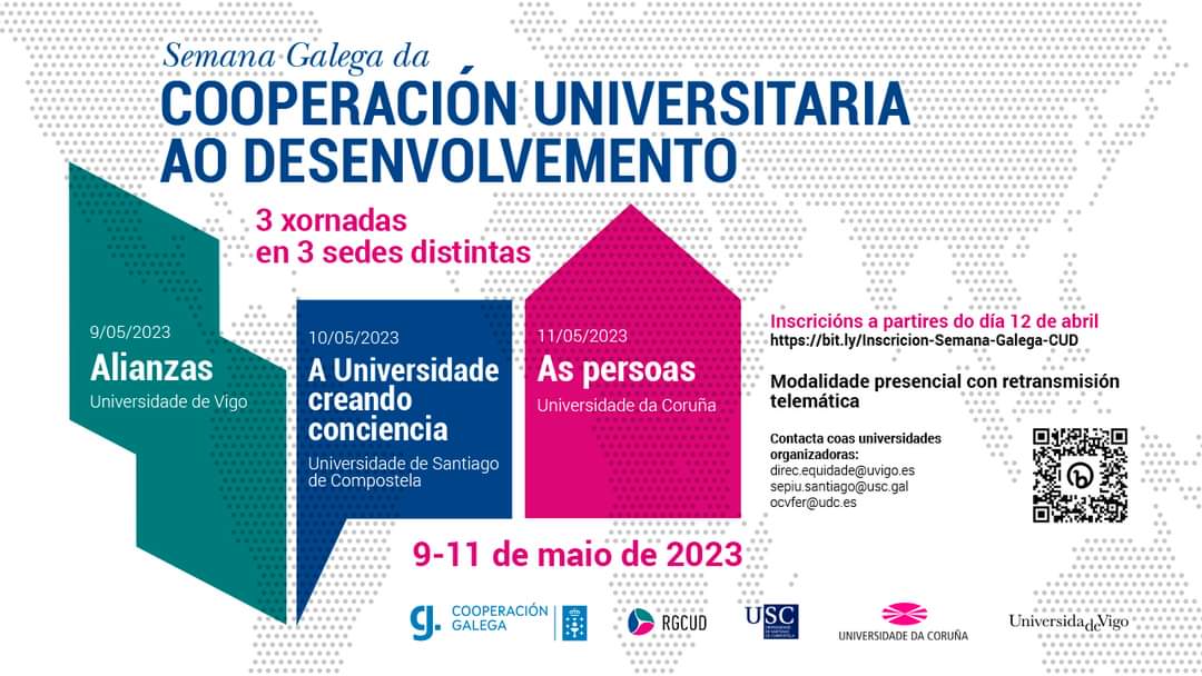 9-11 maio: Semana Galega da Cooperación Universitaria ao Desenvolvemento,con eventos nas tres universidades.Para poñer énfase na importancia da universidade promovendo a cooperación e os DDHH.
Nós estaremos nas mesas do 9 na <a href="/uvigo/">Universidade de Vigo</a> e o 11 na <a href="/UDC_gal/">Universidade da Coruña</a> 
👉 galicia.isf.es/blog/estudo-so…