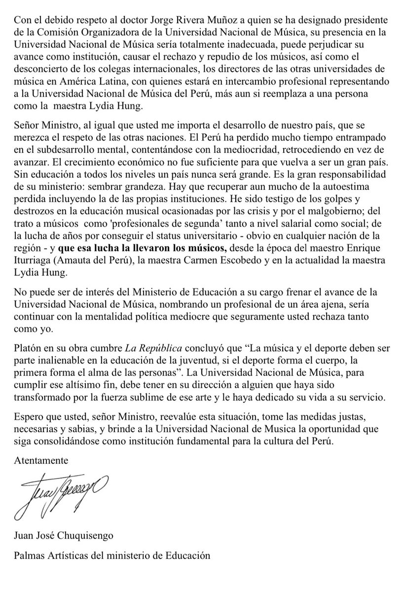 PabloInculto's tweet image. ATENCIÓN. Carta abierta del pianista Juan José Chuquisengo (Palmas Artísticas de Minedu) al Ministro de Educación Oscar Becerra por el caso de la Universidad Nacional de Música, abogando por una educación artística de calidad. @MineduPeru @OscarBecerraT