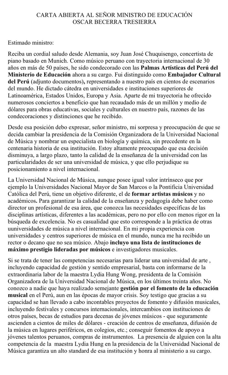 PabloInculto's tweet image. ATENCIÓN. Carta abierta del pianista Juan José Chuquisengo (Palmas Artísticas de Minedu) al Ministro de Educación Oscar Becerra por el caso de la Universidad Nacional de Música, abogando por una educación artística de calidad. @MineduPeru @OscarBecerraT