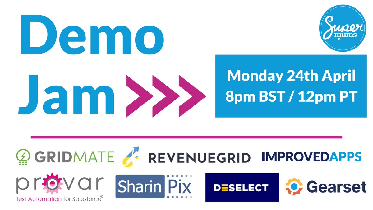 Join us on Monday 24th April as we showcase GridMate at the #Supermums #Salesforce ISV #Demo Jam - it's virtual so everyone can join in the fun!

Register here - supermums.org/join-us-for-ou…

#isvdemojam  #salesforce #supermums #salesforcedeveloper #trailblazercommunity #trailblazers