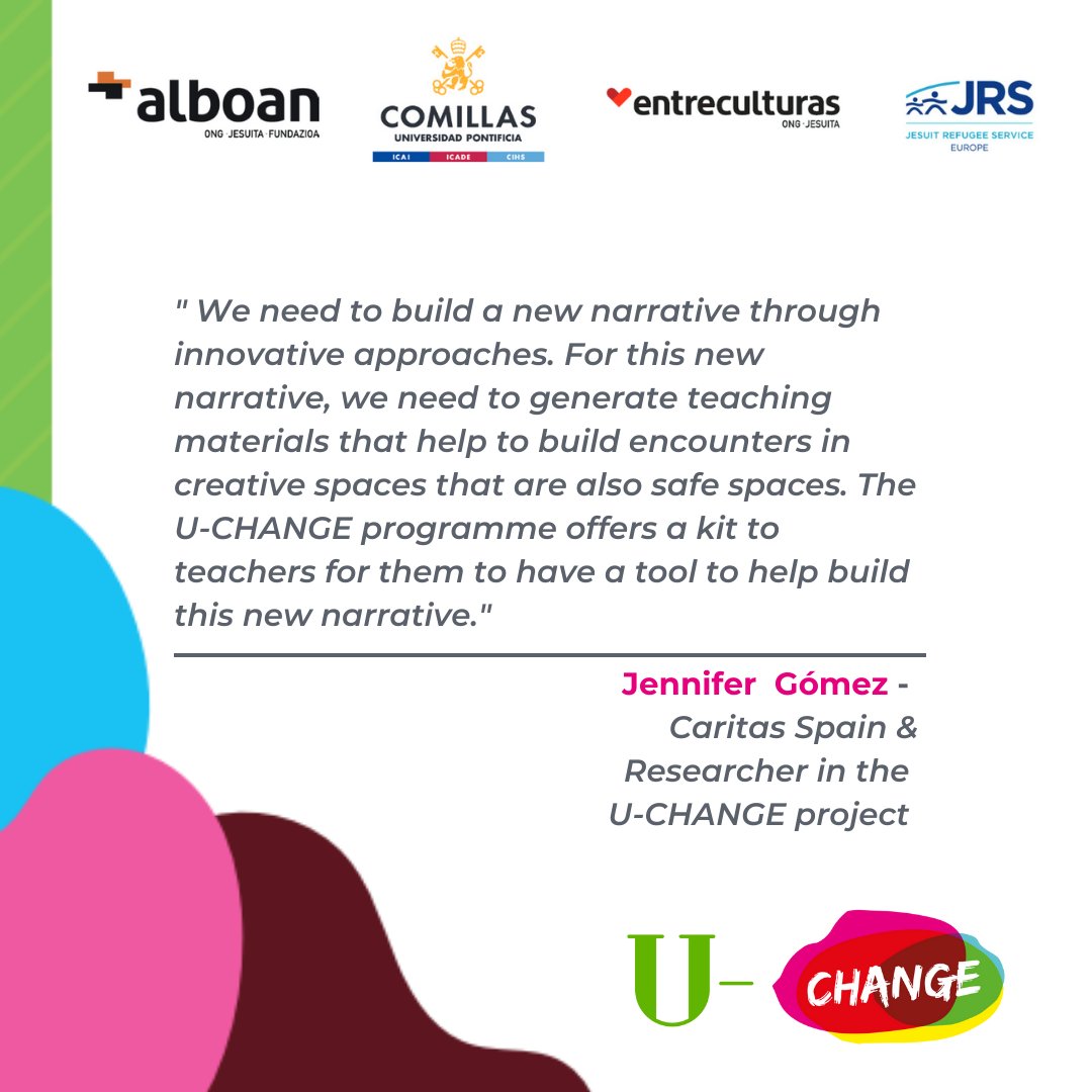 JRSEurope's tweet photo. @Comillas_iuem @Entreculturas Jennifer Gómez (@_CARITAS and Researcher of the U-CHANGE programme) expressed how #UCHANGE is helping build new #narratives through the creation of safe and creative spaces of encounter. https://t.co/djzxdDf0LQ