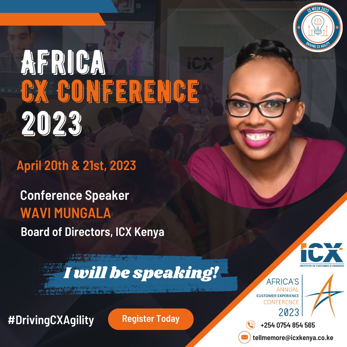 icx_kenya's tweet photo. As we countdown the hours to #AfricaCXConference2023, which starts tomorrow, Thursday, April 20th, ensure your seat is secure and be sure to look out for our board members @smugusia, @WaviMungala &amp; @mis_loise at the conference.
Call/WhatsApp +254 754 854565 #DrivingCXAgility https://t.co/B6n8NYo95j
