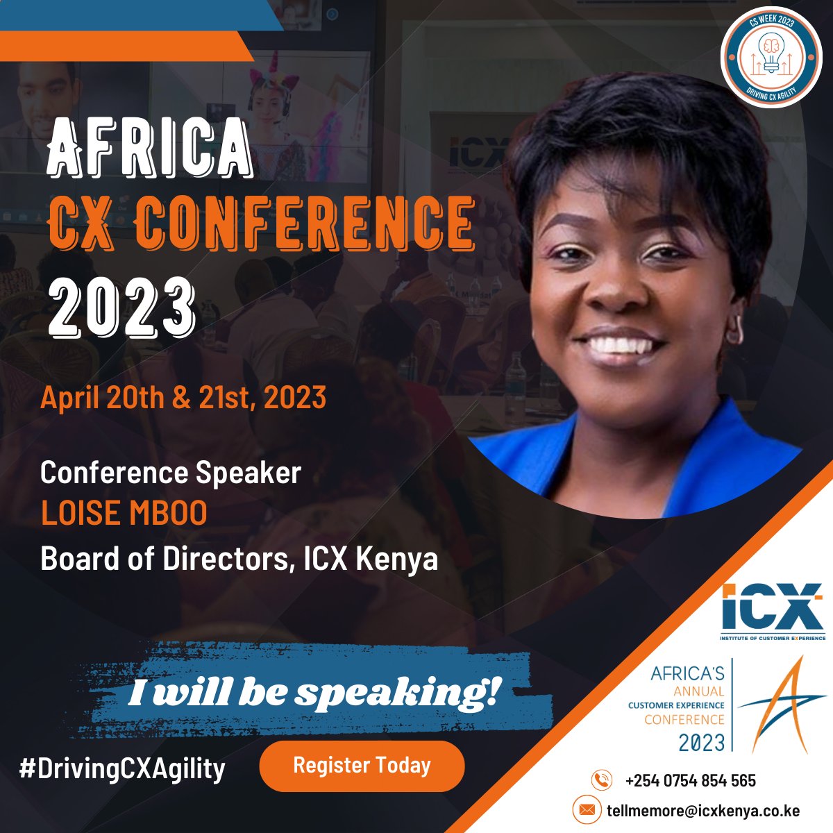 icx_kenya's tweet photo. As we countdown the hours to #AfricaCXConference2023, which starts tomorrow, Thursday, April 20th, ensure your seat is secure and be sure to look out for our board members @smugusia, @WaviMungala &amp; @mis_loise at the conference.
Call/WhatsApp +254 754 854565 #DrivingCXAgility https://t.co/B6n8NYo95j