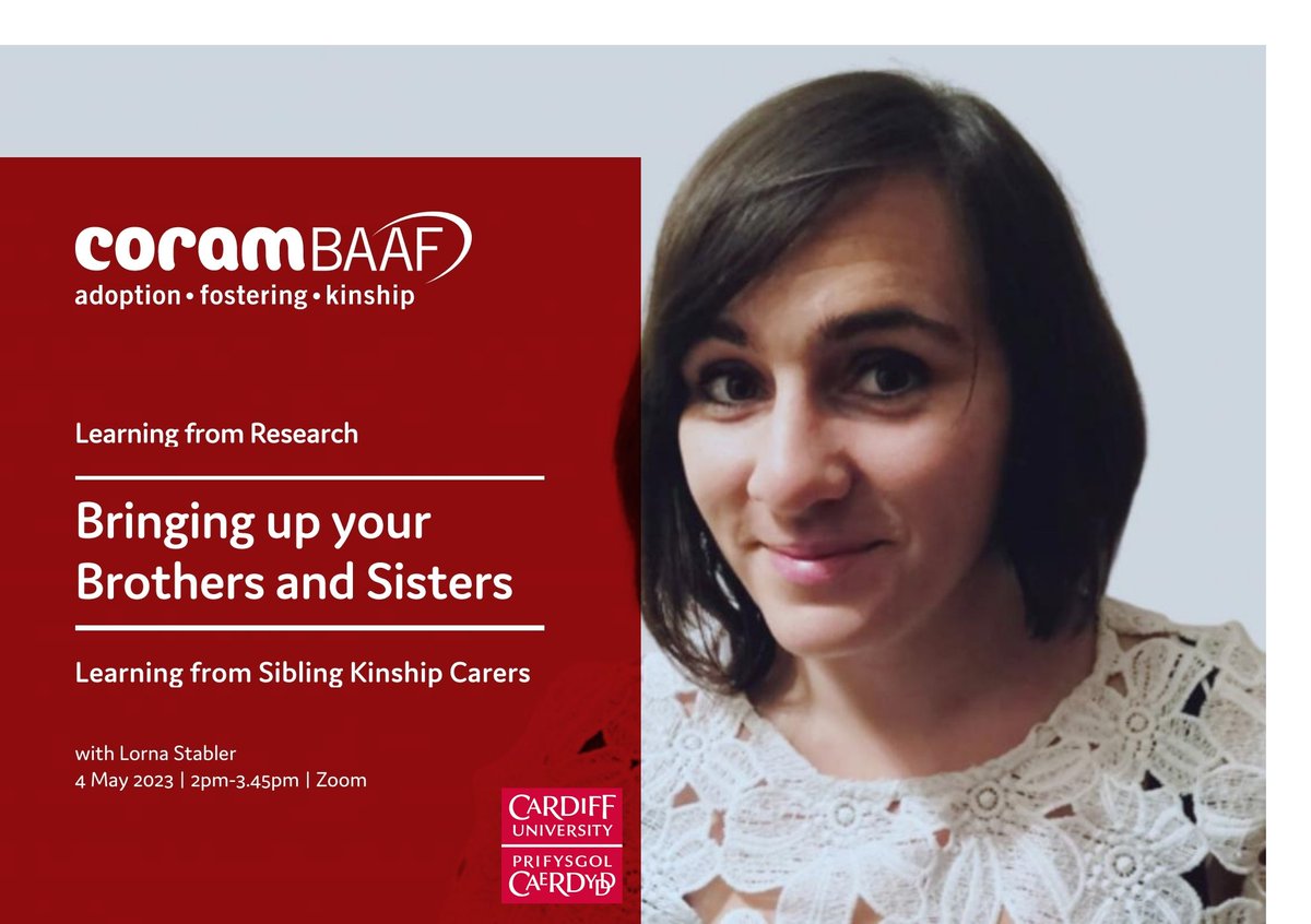 Bringing up your Brothers and Sisters - Learning from Sibling #Kinship Carers 

Join us at our upcoming Learning from Research session where Lorna Stabler of <a href="/cardiffuni/">Cardiff University</a> shares her research. 

📅4 May
🕙2pm - 3.45pm

Free for members:
ow.ly/OgQ850NJoap