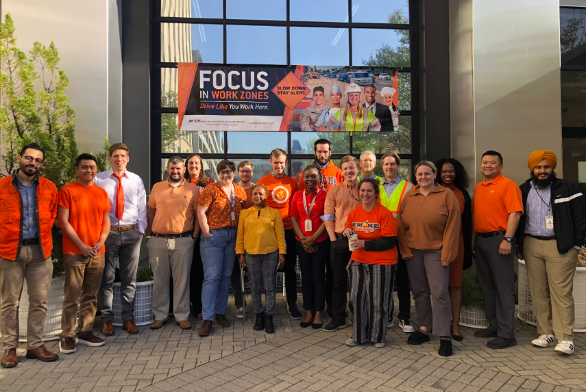 MDSHA's tweet photo. We’re going orange today to remind drivers to look out for orange cones and barrels and drive slow through our highway work zones. Show us your orange today and use #NWZAW #GoOrangeMD hashtags! https://t.co/kyyfuYpfmQ