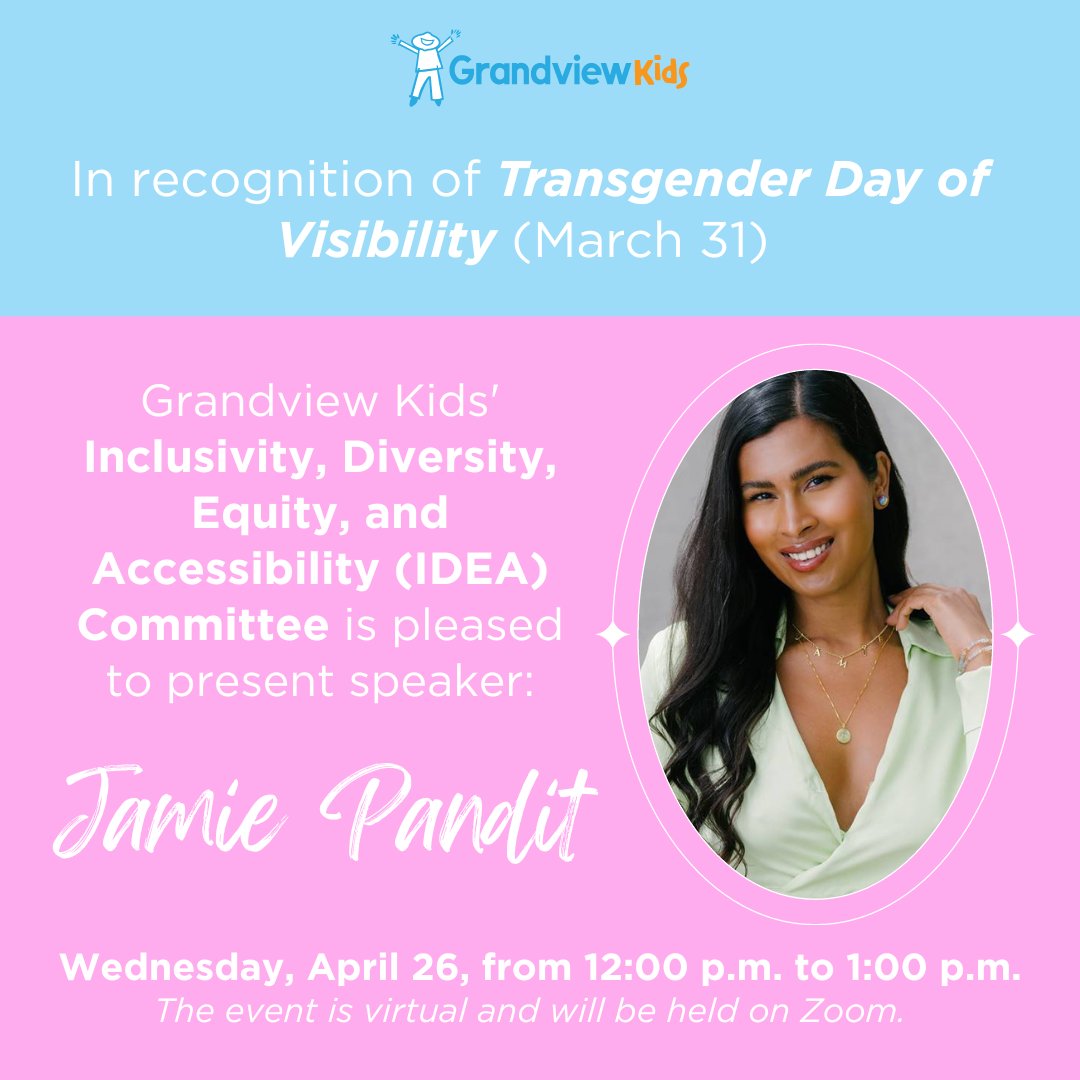 Grandview Kids on X: In recognition of #TransgenderDayOfVisibility,  #GrandviewKids' IDEA Committee is pleased to present Jamie Pandit on Wed,  April 26, from 12-1 p.m. This is a FREE virtual event available to