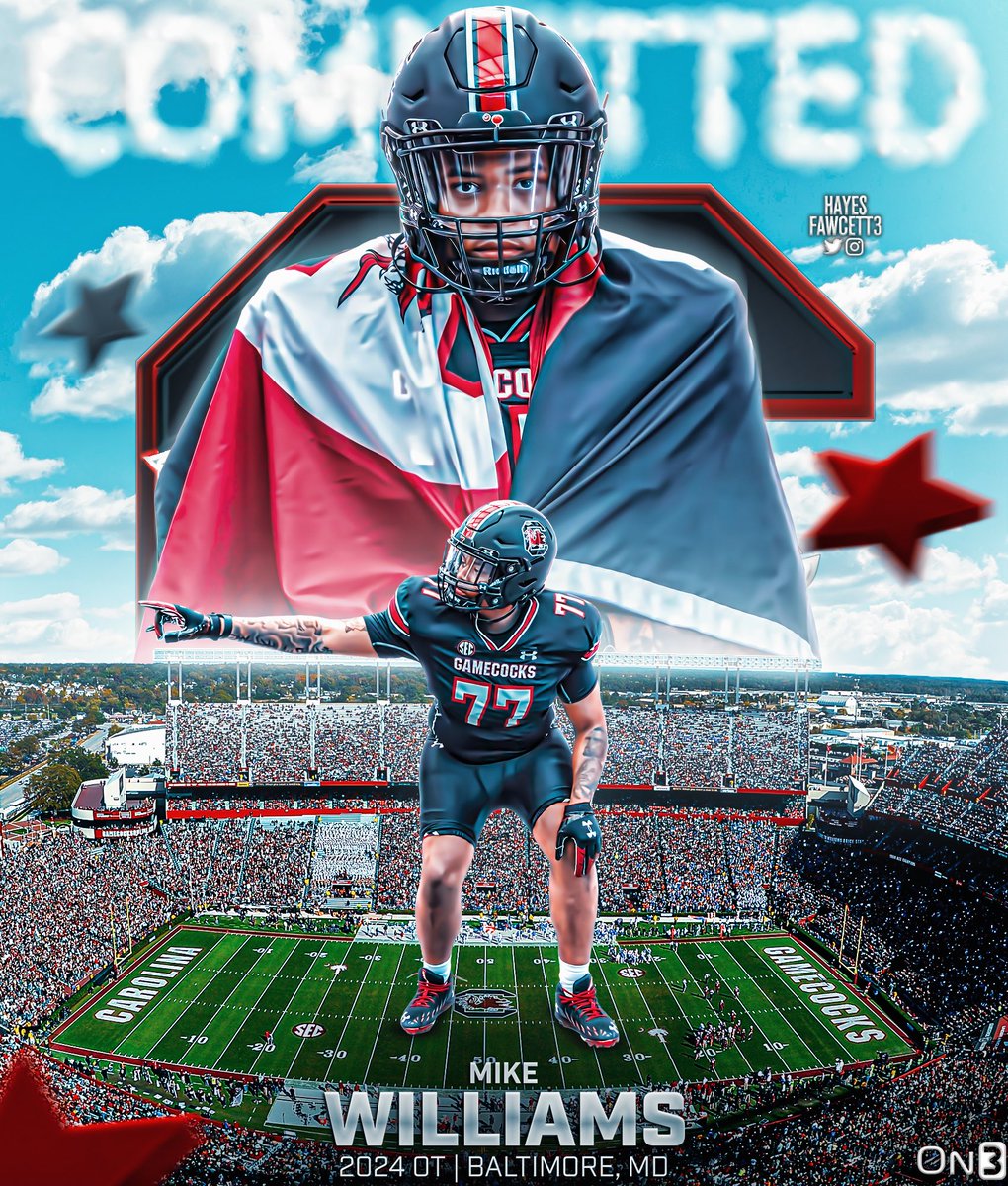 Hayesfawcett3's tweet photo. BREAKING: Class of 2024 OT Mike Williams has Committed to South Carolina!

The 6’7 310 OT from Baltimore, MD chose the Gamecocks over Michigan State, Tennessee, & others.

“Their fan base is like no other,” Williams said. “Even if you aren’t a Gamecock they treat you like family.”

https://t.co/t1UySBaVbf