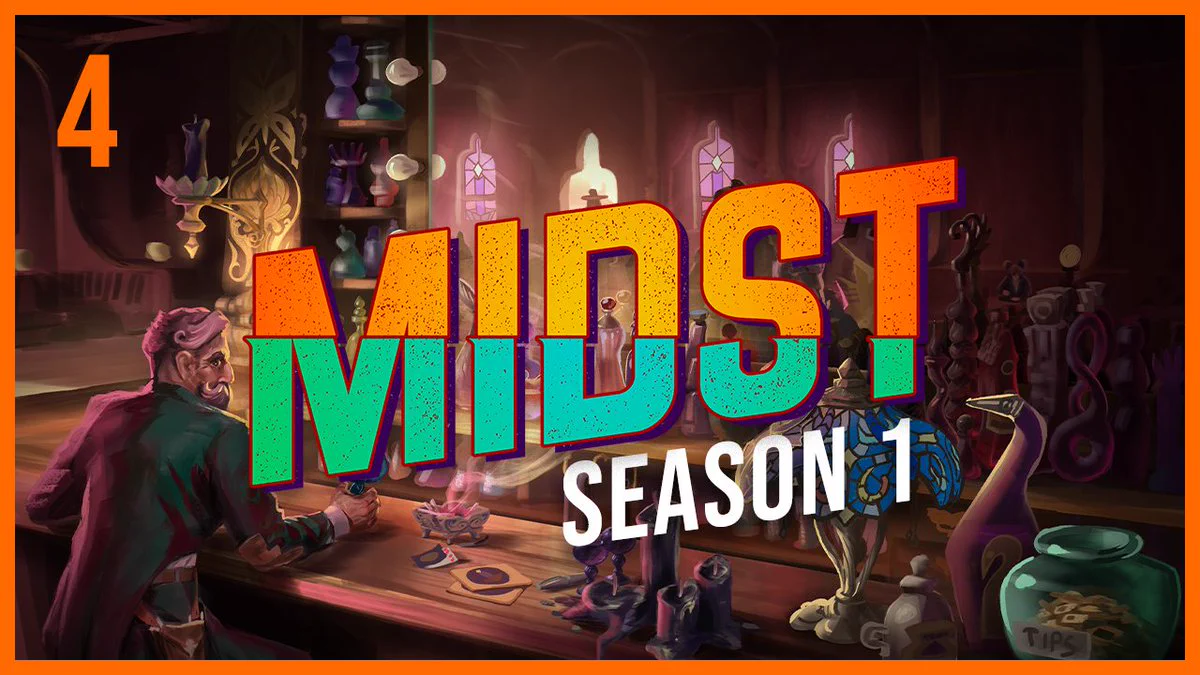 A man with white hair and a curling handlebar mustache sits at a bar table in front of a variety of exotic and esoteric objects, including mysterious jars, stained glass windows, burning candles, and a bowl of something giving off a plume of smoke all beneath the Midst logo in this thumbnail for Midst Season 1, Episode 4