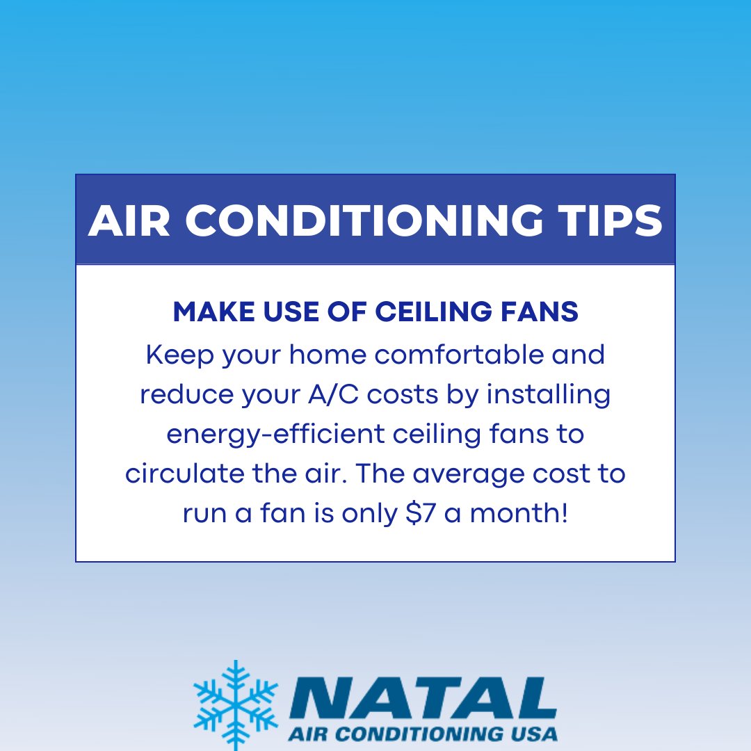 NatalACFL's tweet image. Maximize your AC's efficiency by using ceiling fans! 

#actips #acpros #energyefficiency #airconditioner #hvacservice #acrepairs #acrepairservices #airconditioningservice #airconditioningspecialist #airconditionerrepair #florida