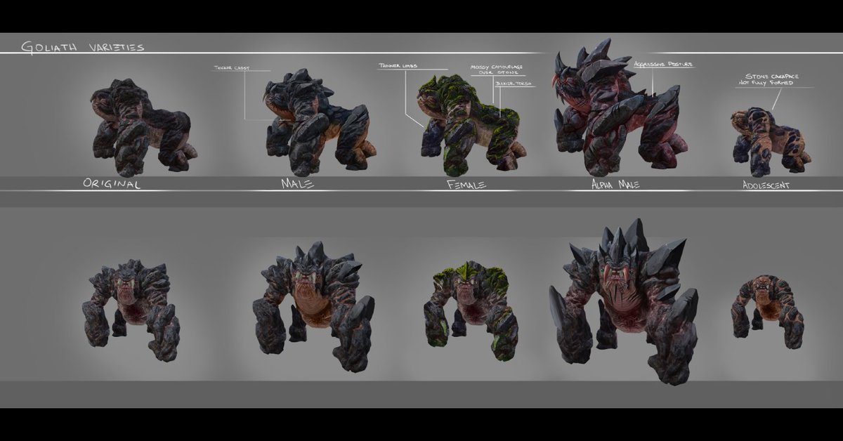 Concept arts of #ScarsAbove: the Stone Goliath &amp; Alpha.

The Alpha: High resting metabolic rates, behavioral patterns similar to terrestrial gorillas, overdeveloped sedimentary coverage. This creature is very territorial and will charge anything that threatens its dominion.